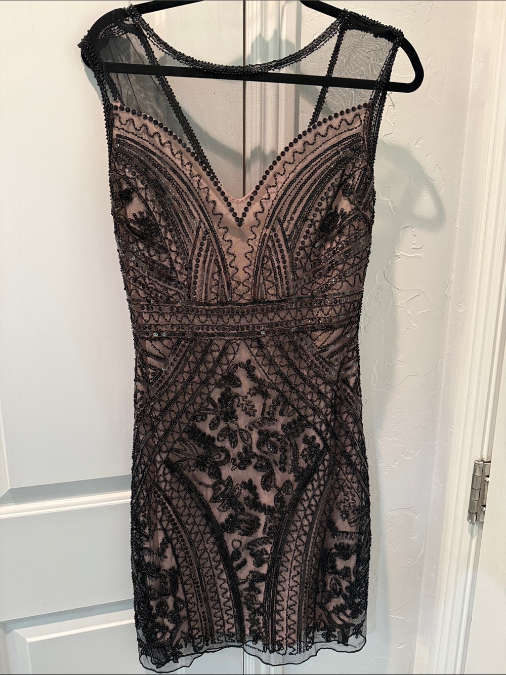 Beaded Black Lace Overlay Mini Dress